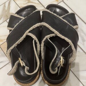 ALOHAS Black Leather Shearling Trim Sandal